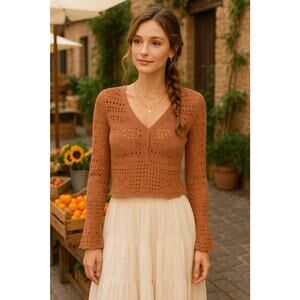 Bell Sleeve Crochet Boho Festival Fairy Hippie Cottage core Top Brown Women’s XS